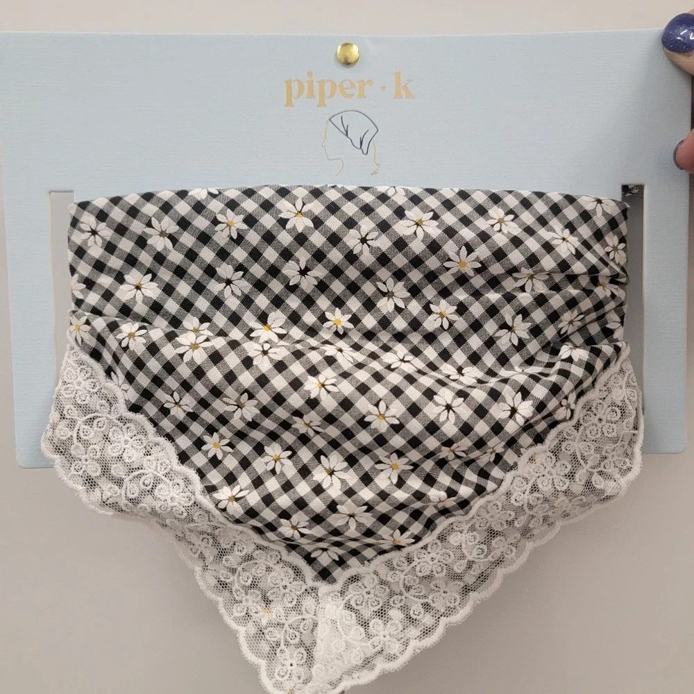 NEW Piper K Gingham Daisy Floral Head Scarf Lace Trim Cottagecore‎ Tie Back